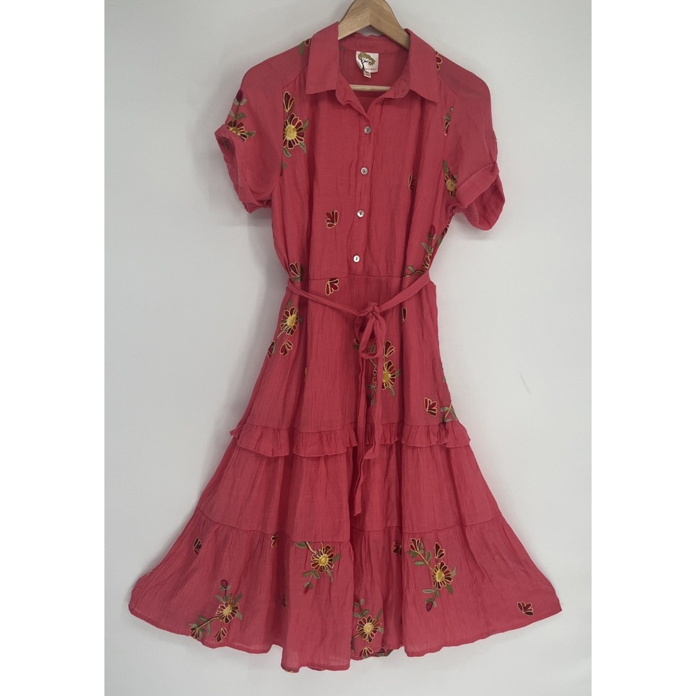 Fig And Flower Dress Womens M Pink Embroidered Floral Tiered Swing Midi Boho